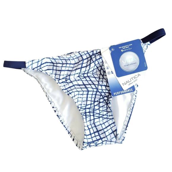 NAUTICA Broadway Mix sporty swim string bikini bottoms brief navy white XS NEW - Picture 1 of 6